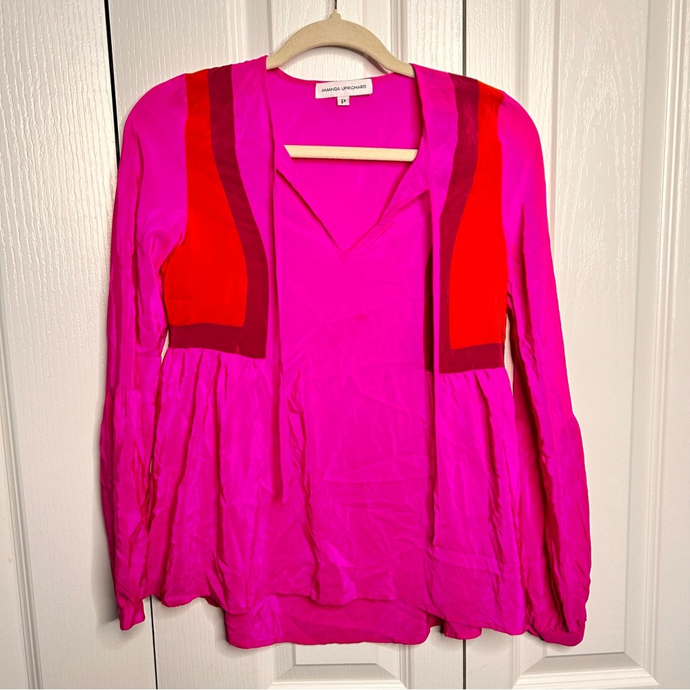 Amanda Uprichard Pink Purple V-Neck Tasseled Long Sleeve Silk Blouse Size XS P